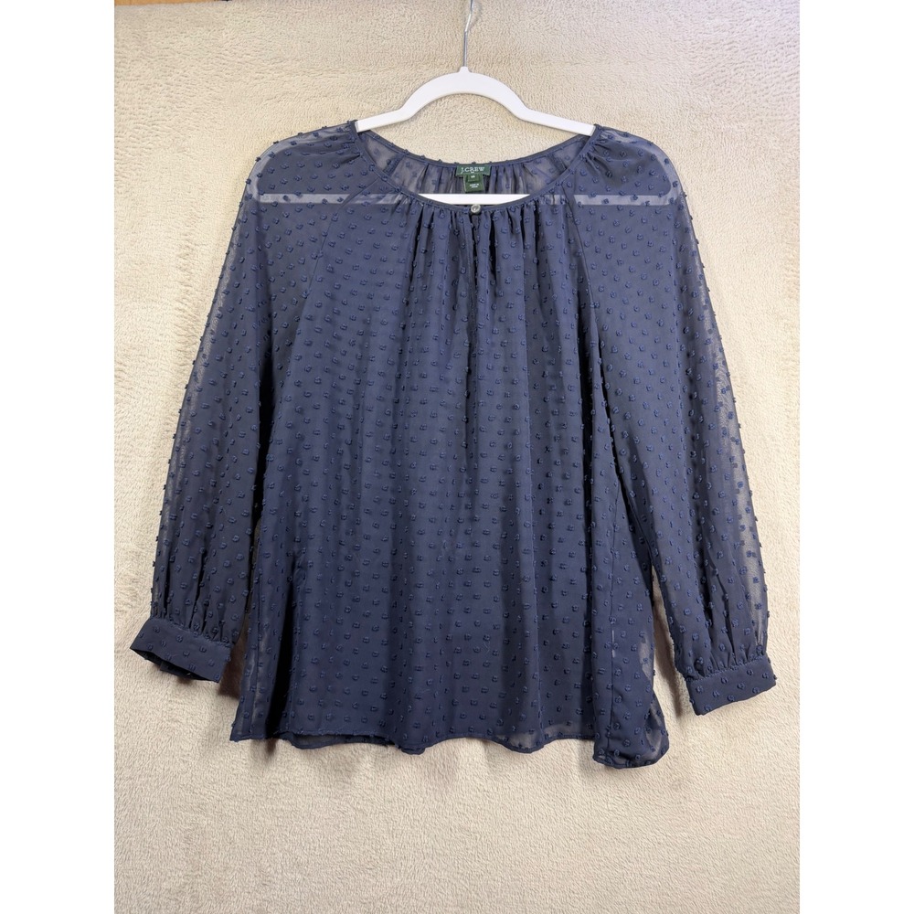 J.Crew Swiss Dot Blouse Womens XS Navy Blue Sheer Long Sleeve Top Elegant Work
